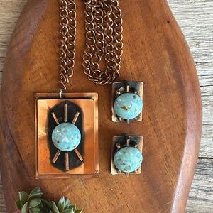 1950s MCM Turquoise and Copper Starburst Pendant Necklace and Earring Set